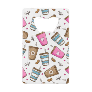 Koffie kopjes, koffiebonen, harten, koffie liefheb creditkaart flessenopener