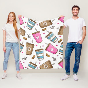 Koffie kopjes, koffiebonen, harten, koffie liefheb fleece deken
