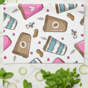 Koffie kopjes, koffiebonen, harten, koffie liefheb theedoek