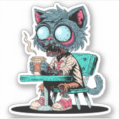 Koffie liefhebbende zombie kat sticker (Voorkant)