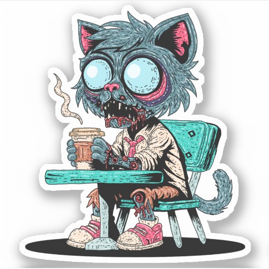Koffie liefhebbende zombie kat sticker (Voorkant)