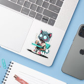 Koffie liefhebbende zombie kat sticker (Laptop met iPhone)