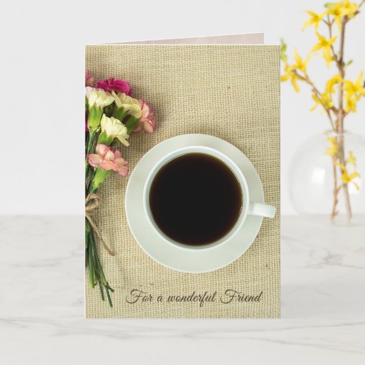 koffie met anjers op schoot kaart (Gele Bloem)