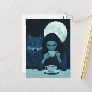 Koffie met de wolf tijdens een volle maan fantasie briefkaart