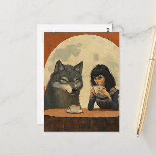 Koffie met de wolf tijdens een volle maan somber briefkaart