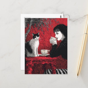 Koffie met een kat Zwart Wit Rood Briefkaart