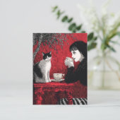 Koffie met een kat Zwart Wit Rood Briefkaart (Staand voorkant)