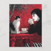 Koffie met een kat Zwart Wit Rood Briefkaart (Voorkant)