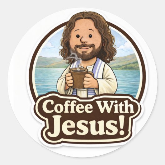 Koffie met Jezus Sticker (7,5 cm) (Voorkant)