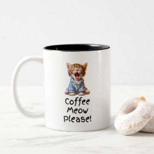 Koffie miauw alsjeblieft! Schattigee kitten geeuwe Tweekleurige Koffiemok