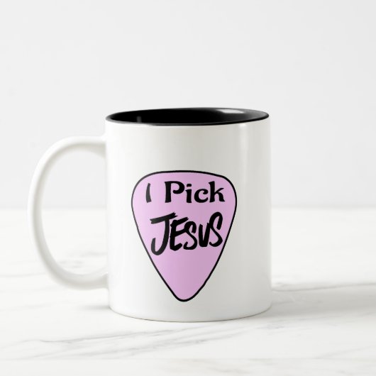 Koffie Mok " I Pick Jesus" Roze gitaar Pick (Links)