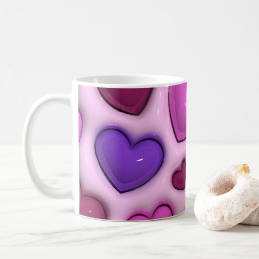 Koffie Mok met 3D glanzende harten (Met donut)