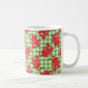 Koffie-Mok met Cute Red Dragon op Green Gingham Koffiemok