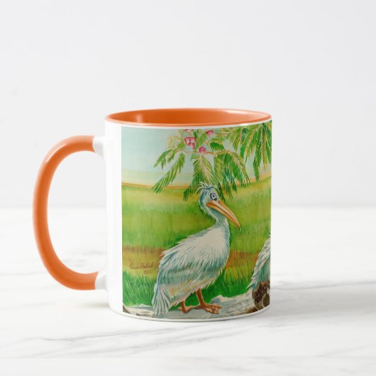 Koffie-mok met pelikanen, vogels, dierentuindieren mok (Links)