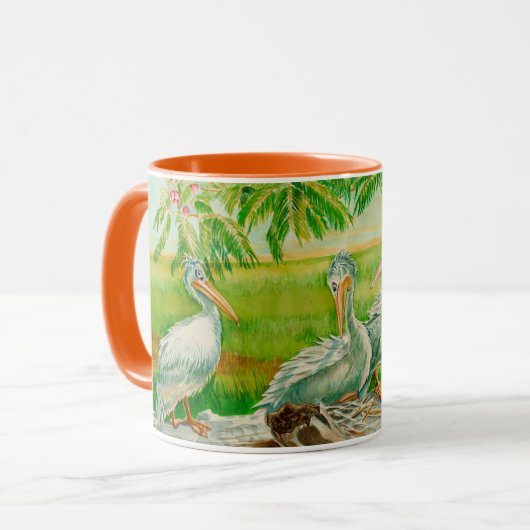 Koffie-mok met pelikanen, vogels, dierentuindieren mok (Voorkant links)