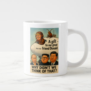 Koffie-mok met Trump in een vliegtuig uit Qatar. Grote Koffiekop