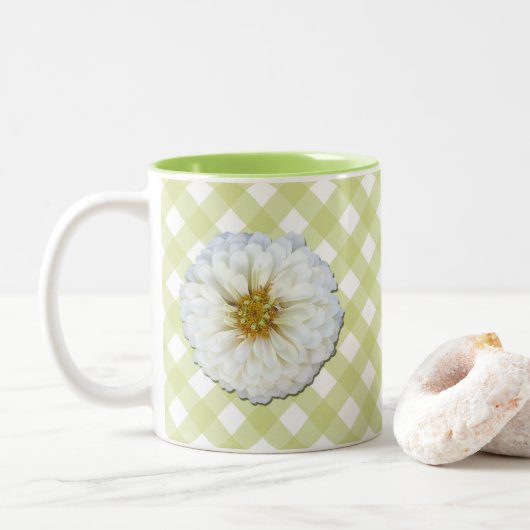 Koffie-Mok - Witte zinniën op tast Tweekleurige Koffiemok (Met donut)