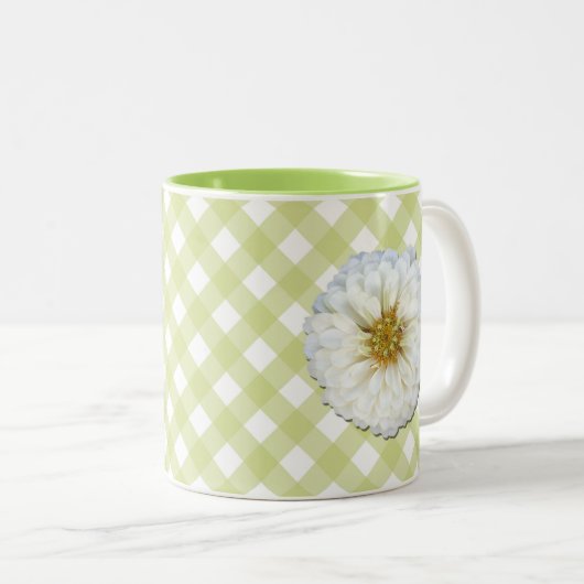 Koffie-Mok - Witte zinniën op tast Tweekleurige Koffiemok (Voorkant rechts)