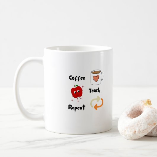 Koffie, onderwijzen, herhalen op een koffiemok (Met donut)
