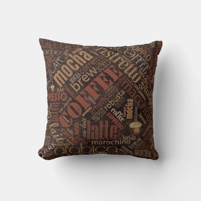 Koffie op Burlap Word Cloud Brown ID283 Kussen (Voorkant)