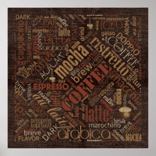 Koffie op Burlap Word Cloud Brown ID283 Poster