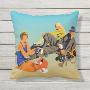 Koffie op het strand. Een retro Adverteren Grafisc Buitenkussen