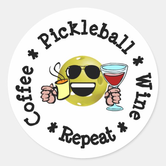 Koffie, Pickleball, Wijn, Pickleball Addict herhal Ronde Sticker (Voorkant)