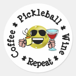 Koffie, Pickleball, Wijn, Pickleball Addict herhal Ronde Sticker