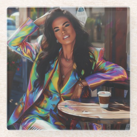 Koffie Queen Digitale Kunst Glazen Onderzetter (Voorkant)