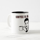 Koffie roept. tweekleurige koffiemok (Voorkant links)