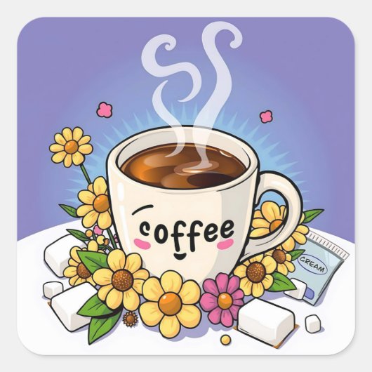 Koffie, room en bloem grillige Cartoon Vierkante Sticker (Voorkant)