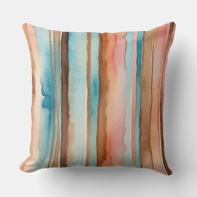 Koffie Roze Perzik en Turquoise strepen Kussen (Voorkant)