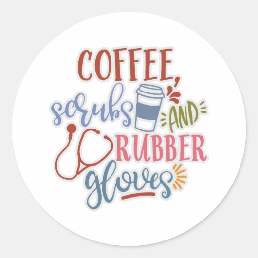 Koffie scrubs en rubber handschoenen ontwerp voor  ronde sticker (Voorkant)
