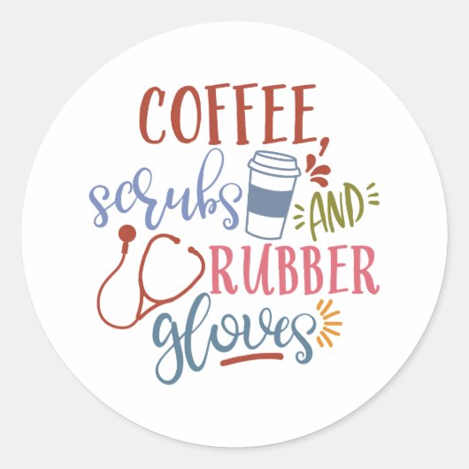 Koffie scrubs en rubber handschoenen ontwerp voor  ronde sticker (Voorkant)