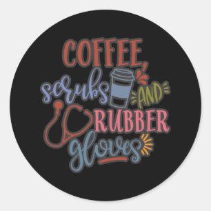 Koffie scrubs en rubber handschoenen ontwerp voor  ronde sticker