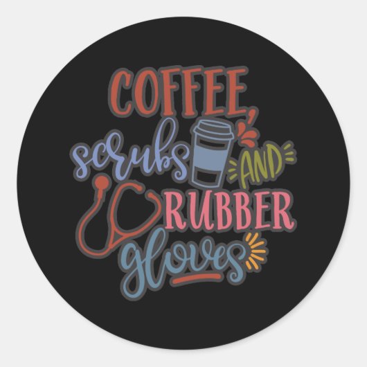 Koffie scrubs en rubber handschoenen ontwerp voor ronde sticker (Voorkant)