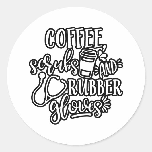 Koffie scrubs en rubber handschoenen ontwerp voor ronde sticker (Voorkant)