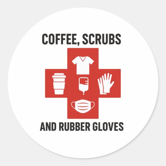 Koffie, scrubs en rubberen handschoenen Sticker (Voorkant)