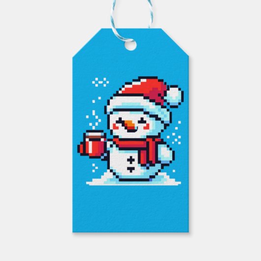 Koffie Sneeuwman - Gezellige Pixel Art Christmas D Cadeaulabel (Voorkant)