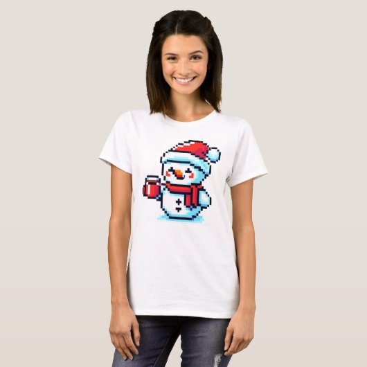 Koffie Sneeuwman - Gezellige Pixel Art Christmas D T-shirt (Voorkant volledig)