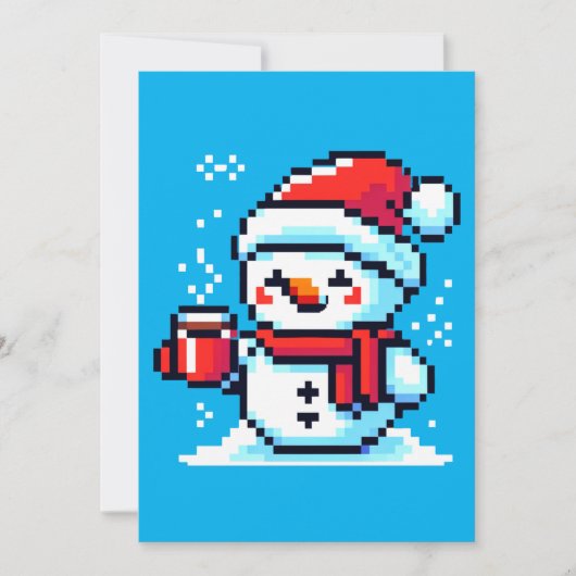 Koffie Sneeuwman - Gezellige Pixel Art Kerstontwer Feestdagenkaart (Voorkant)