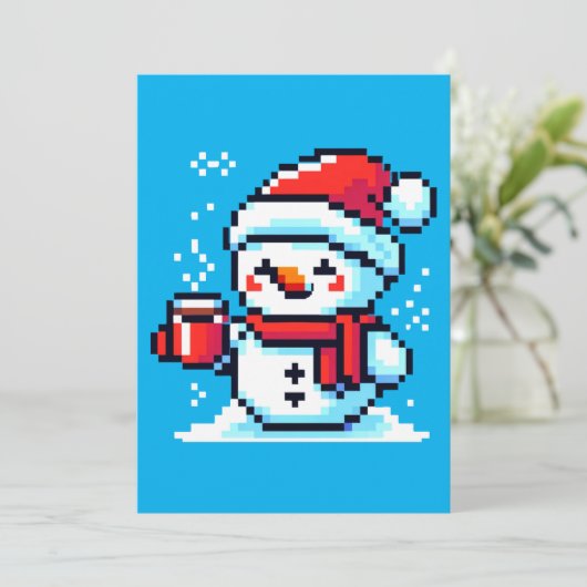 Koffie Sneeuwman - Gezellige Pixel Art Kerstontwer Feestdagenkaart (Staand voorkant)