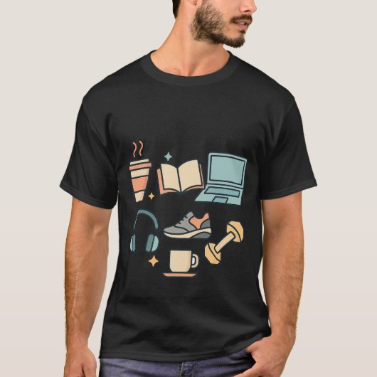 Koffie, studie, fitness en werk - Minimale levenss T-shirt (Voorkant)