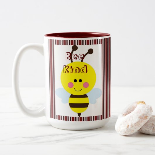 Koffie Thee Mokken, Bourgogne Stripe Bee Kind Bumb Tweekleurige Koffiemok (Met donut)