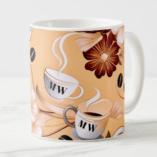 Koffie thema beige, bruine bloemen initialen koffiemok
