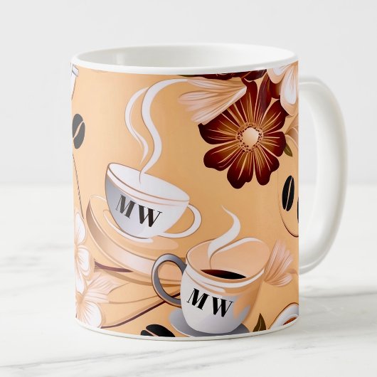 Koffie thema beige, bruine bloemen initialen koffiemok