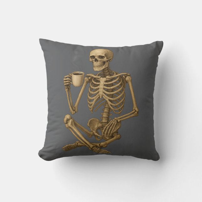 Koffie tot de dood - Skeleton Coffee Time Kussen (Voorkant)