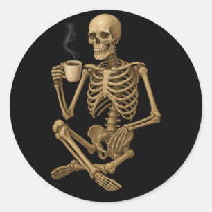 Koffie tot de dood - Skeleton Coffee Time Ronde Sticker