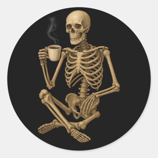 Koffie tot de dood - Skeleton Coffee Time Ronde Sticker (Voorkant)