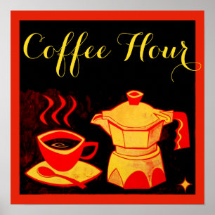 KOFFIE UUR /Rode Gele Koffiekop En Koffiepot Poster